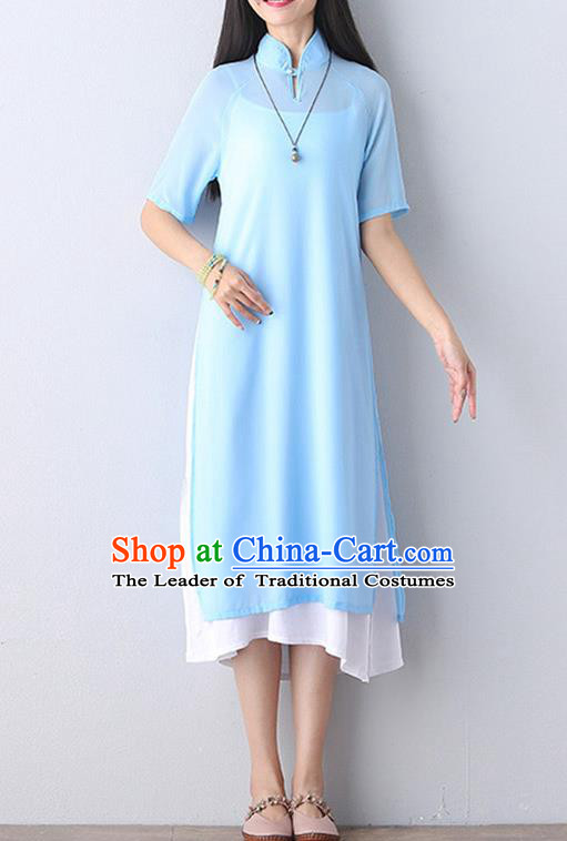 Traditional Ancient Chinese National Costume, Elegant Hanfu Mandarin Qipao Stand Collar Two-Piece Blue Chiffon Dress, China Tang Suit Plated Buttons Chirpaur Republic of China Cheongsam Upper Outer Garment Elegant Dress Clothing for Women