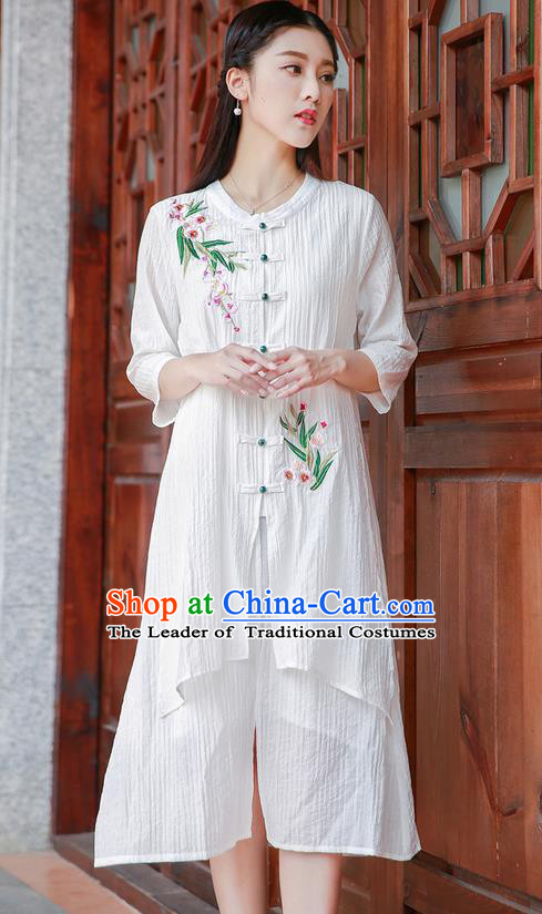 Traditional Ancient Chinese National Costume, Elegant Hanfu Embroidery Cardigan Linen White Coat, China Tang Suit Plated Buttons Cape, Upper Outer Garment Dust Coat Cloak Clothing for Women