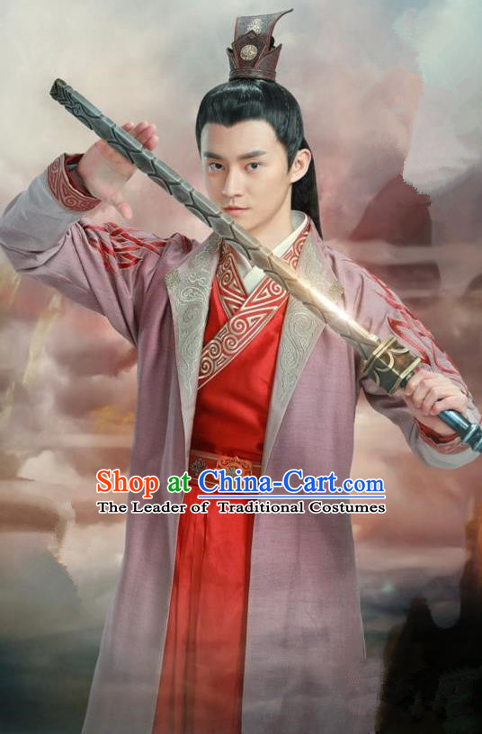 Traditional Ancient Chinese Swordsman Costume, Chinese Han Dynasty Jiang Hu Swordsman Dandies Robe, Cosplay Prince Nobility Childe Chinese Bladesman Hanfu Clothing for Men