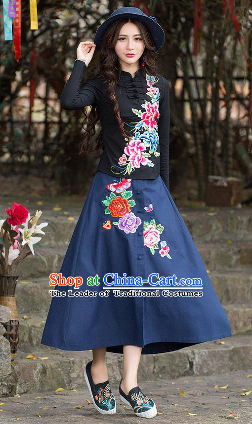 Traditional Ancient Chinese National Pleated Skirt Costume, Elegant Hanfu Embroidery Peony Flowers Long Blue Skirt, China Tang Suit Bust Skirt for Women