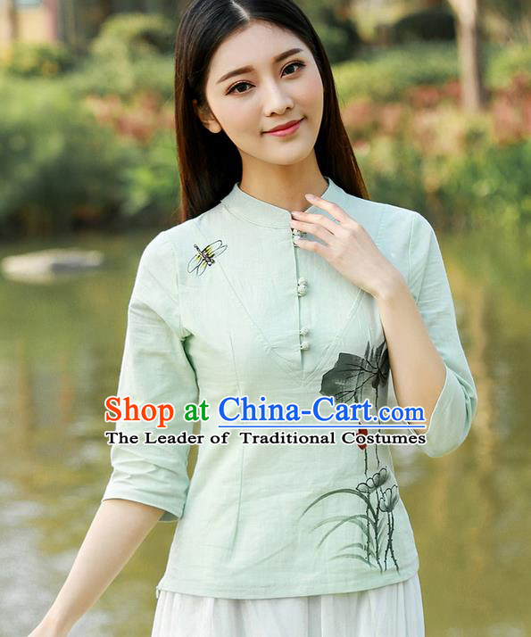 Traditional Chinese National Costume, Elegant Hanfu Hand Painting Lotus Flowers Black T-Shirt, China Tang Suit Republic of China Plated Buttons Blouse Cheongsam Upper Outer Garment Qipao Shirts Clothing for Women