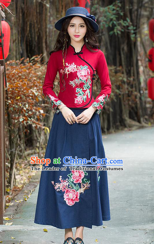Traditional Chinese National Costume, Elegant Hanfu Hand Embroidery Flowers Red T-Shirt, China Tang Suit Republic of China Plated Buttons Blouse Cheongsam Upper Outer Garment Qipao Shirts Clothing for Women