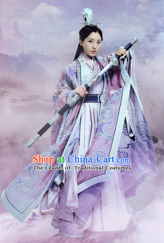 Traditional Ancient Chinese Elegant Swordsman Costume, Chinese Han Dynasty Taoist Nun Kung fu Master Dress, Cosplay Chinese Television Drama Jade Dynasty Qing Yun Faction Peri Hanfu Trailing Embroidery Clothing for Women