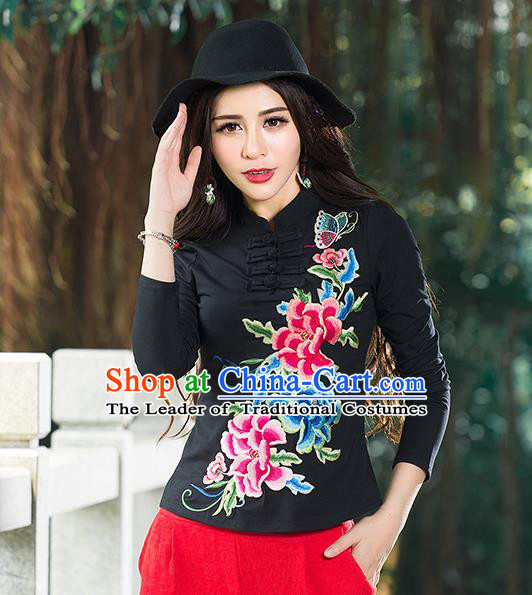 Traditional Chinese National Costume, Elegant Hanfu Embroidery Peony Flowers Stand Collar Black T-Shirt, China Tang Suit Republic of China Blouse Cheongsam Upper Outer Garment Qipao Shirts Clothing for Women
