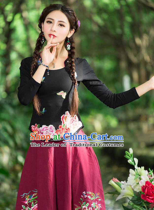 Traditional Chinese National Costume, Elegant Hanfu Embroidery Peony Flowers Black T-Shirt, China Tang Suit Republic of China Blouse Cheongsam Upper Outer Garment Qipao Shirts Clothing for Women