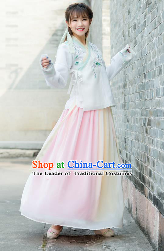 Traditional Ancient Chinese Costume, Elegant Hanfu Young Lady Clothing Embroidered Slant Opening Blouse and Dress, China Ming Dynasty Princess Elegant Blouse and Skirt Complete Set for Women