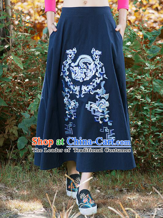 Traditional Ancient Chinese National Pleated Skirt Costume, Elegant Hanfu Embroidery Dragon and Phoenix Totem Long Navy Linen Skirt, China Tang Suit Bust Skirt for Women