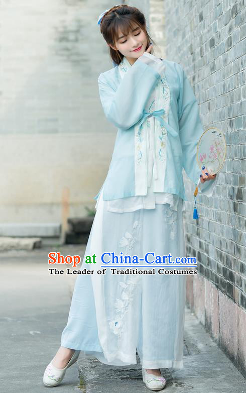 Traditional Ancient Chinese Costume, Elegant Hanfu Clothing Embroidered Blue Cardigan Blouse Sun-top and Pants, China Song Dynasty Princess Elegant Blouse and Trousers Complete Set for Women