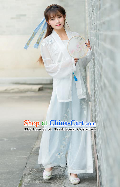 Traditional Ancient Chinese Costume, Elegant Hanfu Clothing Embroidered White Cardigan Blouse Sun-top and Pants, China Song Dynasty Princess Elegant Blouse and Trousers Complete Set for Women