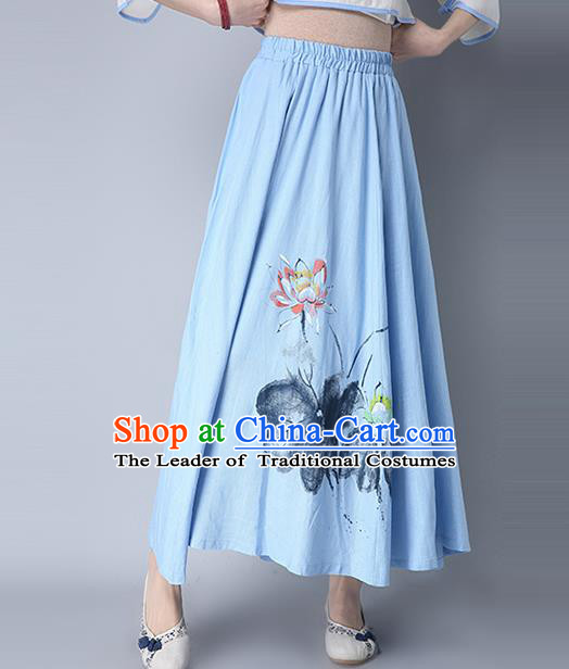 Traditional Ancient Chinese National Pleated Skirt Costume, Elegant Hanfu Hand Painting Lotus Flowers Long Blue Skirt, China Tang Suit Bust Skirt for Women