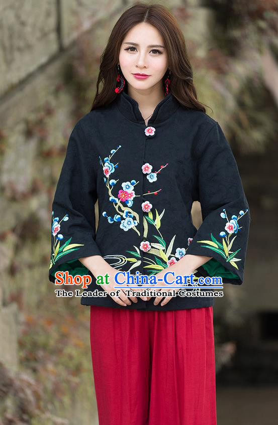 Traditional Chinese National Costume, Elegant Hanfu Embroidery Flowers Slant Opening Black Coat, China Tang Suit Republic of China Plated Buttons Blouse Cheongsam Upper Outer Garment Qipao Jacket Clothing for Women