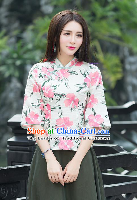 Traditional Chinese National Costume, Elegant Hanfu Linen Slant Opening Pink T-Shirt, China Tang Suit Republic of China Plated Buttons Blouse Cheongsam Upper Outer Garment Qipao Shirts Clothing for Women