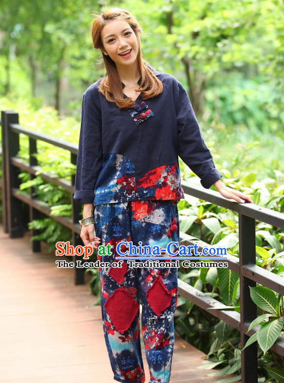 Traditional Chinese National Costume, Elegant Hanfu Joint Color Flowers Linen Blue T-Shirt, China Tang Suit Plated Buttons Blouse Cheongsam Upper Outer Garment Qipao Shirts Clothing for Women