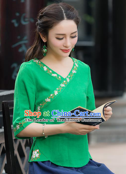 Traditional Chinese National Costume, Elegant Hanfu Embroidery Green Shirt, China Tang Suit Republic of China Blouse Cheongsam Upper Outer Garment Qipao Shirts Clothing for Women