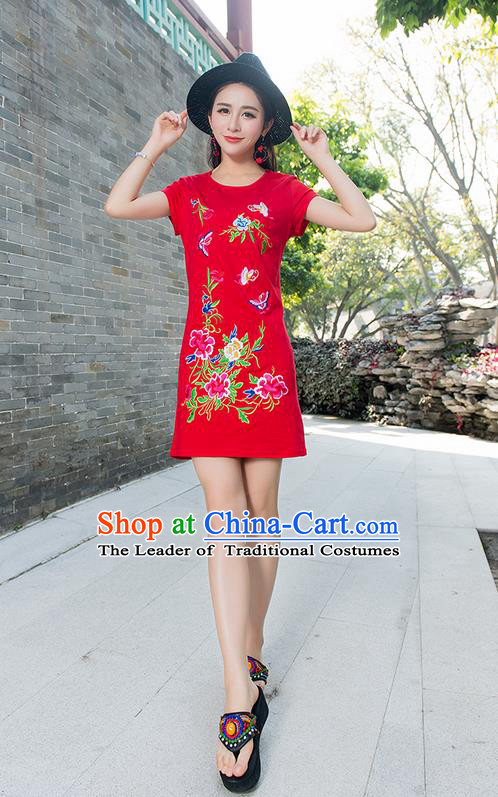Traditional Ancient Chinese National Costume, Elegant Hanfu Embroidery Flowers Red Dress, China Tang Suit Chirpaur Cheongsam Elegant Dress Clothing for Women