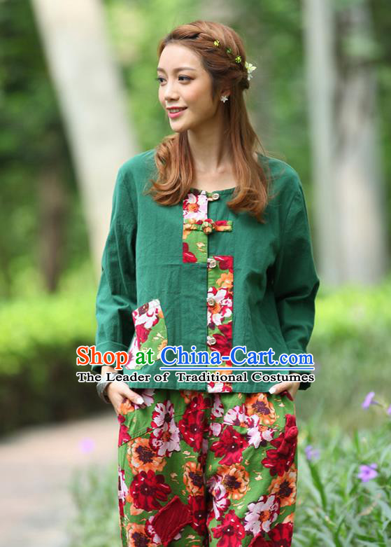 Traditional Chinese National Costume, Elegant Hanfu Patch Contrast Color Green T-Shirt, China Tang Suit Republic of China Plated Buttons Blouse Cheongsam Upper Outer Garment Qipao Shirts Clothing for Women