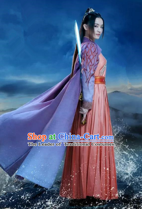 Traditional Ancient Chinese Elegant Swordsman Costume, Chinese Ancient Young Lady Heroine Dress, Cosplay Chinese Television Drama Jade Dynasty Qing Yun Faction Peri Hanfu Trailing Embroidery Clothing for Women