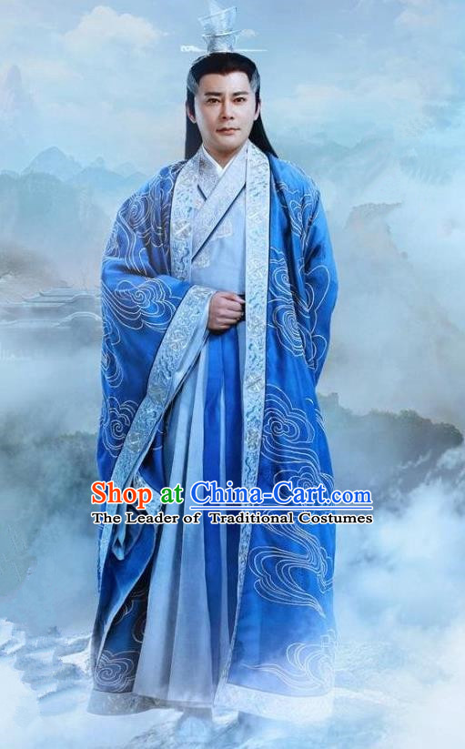 Traditional Ancient Chinese Elegant Swordsman Costume, Chinese Han Dynasty Taoist Priest Dress, Cosplay Chinese Television Drama Jade Dynasty Qing Yun Faction Elders of the Owners Hanfu Embroidery Clothing for Men