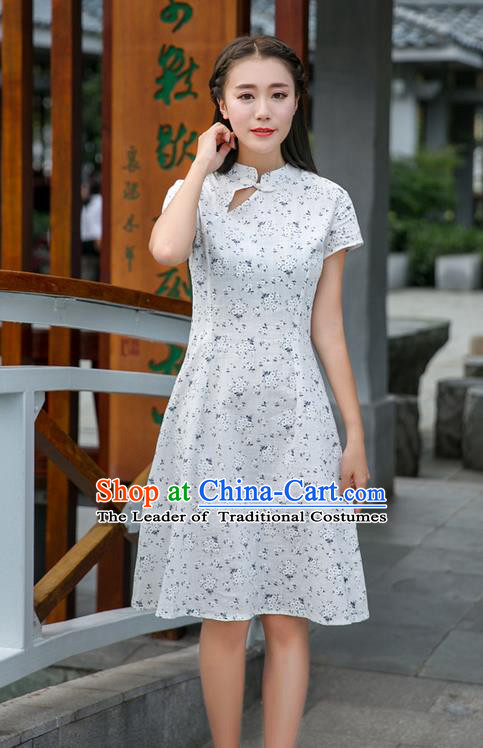 Traditional Ancient Chinese National Costume, Elegant Hanfu Mandarin Qipao Stand Collar White Dress, China Tang Suit Chirpaur Republic of China Plated Buttons Cheong-sam Elegant Dress Clothing for Women