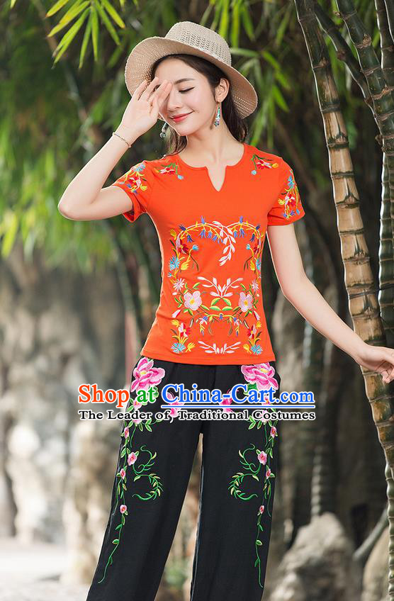 Traditional Chinese National Costume, Elegant Hanfu Embroidery Flowers Orange T-Shirt, China Tang Suit Republic of China Chirpaur Buttons Blouse Cheong-sam Upper Outer Garment Qipao Shirts Clothing for Women