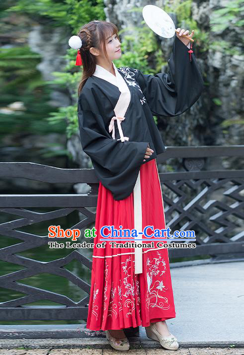 Traditional Ancient Chinese Costume, Elegant Hanfu Clothing Embroidered Young Lady Slant Opening Blouse and Dress, China Ming Dynasty Princess Elegant Blouse and Skirt Complete Set for Women