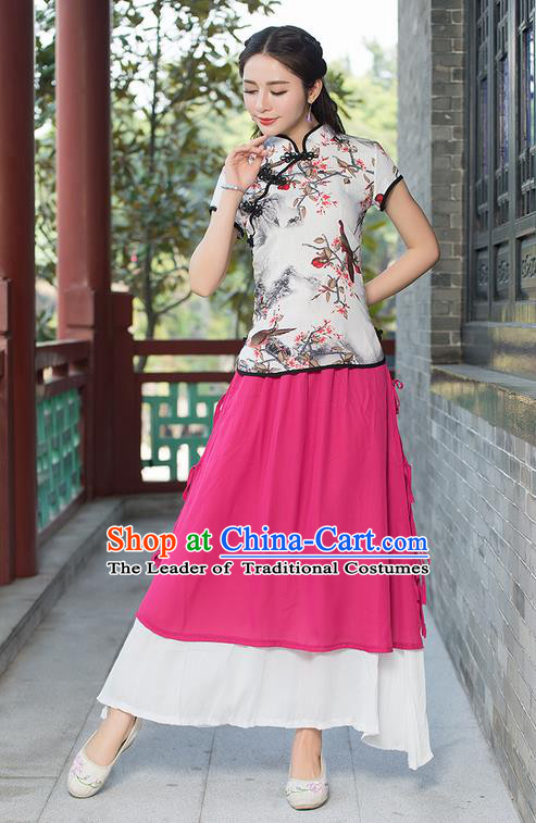 Traditional Chinese National Costume, Elegant Hanfu Ink Painting Birds Flowers Slant Opening Pink T-Shirt, China Tang Suit Republic of China Plated Buttons Chirpaur Blouse Cheong-sam Upper Outer Garment Qipao Shirts Clothing for Women