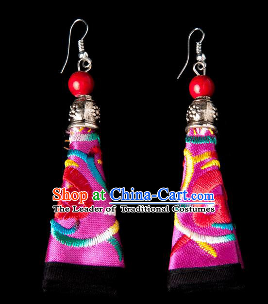 Traditional Chinese Miao Nationality Crafts, Hmong Handmade Miao Silver Embroidery Red Earrings Pendant, China Ethnic Minority Eardrop Accessories Earbob Pendant for Women