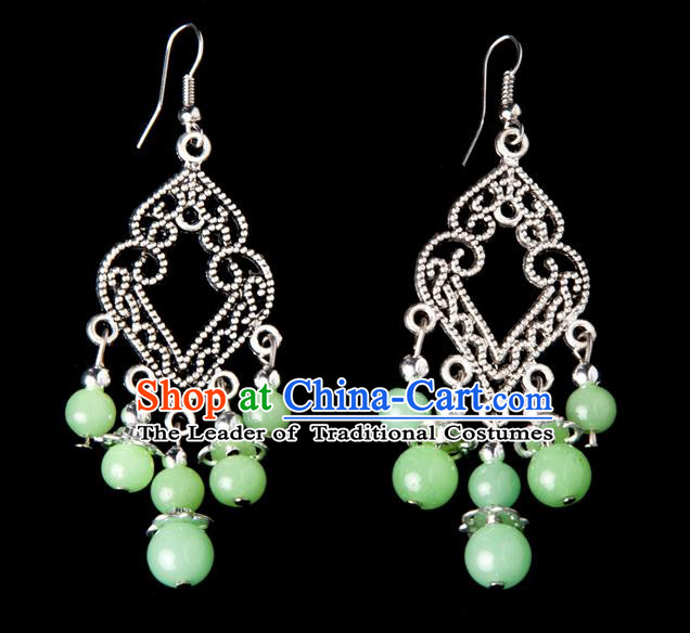 Traditional Chinese Miao Nationality Crafts, Yunnan Hmong Handmade Green Beads Long Tassel Earrings Pendant, China Ethnic Minority Eardrop Accessories Earbob Pendant for Women