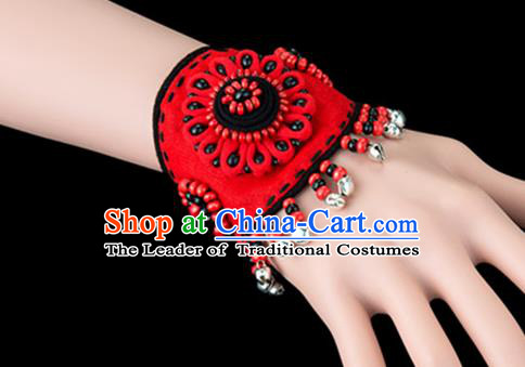 Traditional Chinese Miao Nationality Crafts, Yunan Hmong Handmade Flowers Bracelet Red Cuff Bells Hand Decorative, China Miao Ethnic Minority Bangle Accessories for Women
