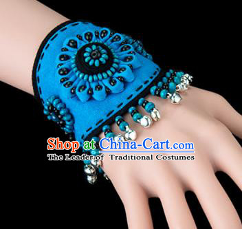 Traditional Chinese Miao Nationality Crafts, Yunan Hmong Handmade Flowers Bracelet Blue Cuff Bells Hand Decorative, China Miao Ethnic Minority Bangle Accessories for Women