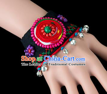 Traditional Chinese Miao Nationality Crafts, Yunan Hmong Handmade Flowers Bracelet Black Cuff Bells Hand Decorative, China Miao Ethnic Minority Bangle Accessories for Women