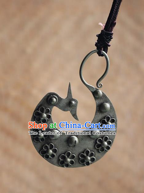Traditional Chinese Miao Nationality Crafts Jewelry Accessory, Hmong Handmade Miao Silver Peacock Pendant, Miao Ethnic Minority Necklace Accessories Sweater Chain Pendant for Women