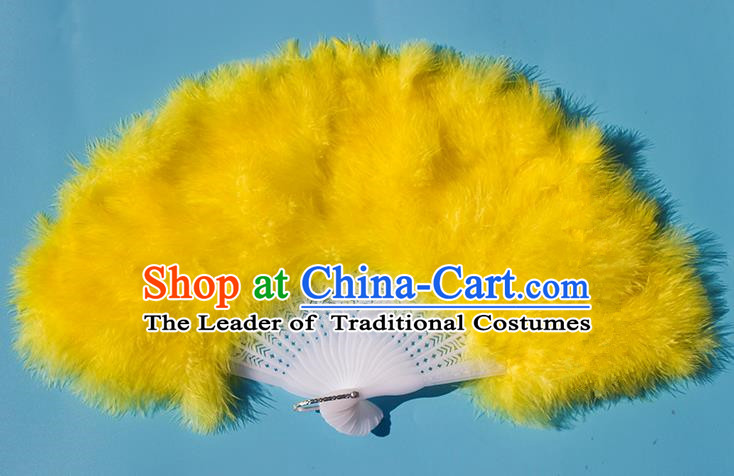 Traditional Handmade Chinese Classical Feather Fans, China Folk Dance Fan Dance Stage Performance Yellow Fan for Women