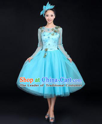 Traditional Chinese Modern Dancing Costume, Women Opening Dance Costume, Modern Dance Blue Bubble Dress for Women