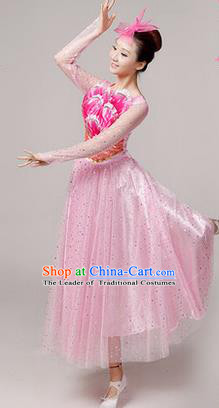 Traditional Chinese Modern Dancing Costume, Women Opening Classic Stage Performance Chorus Singing Group Dance Paillette Costume, Folk Dance Yangko Costume, Modern Dance Long Pink Peony Dress for Women