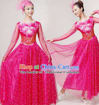 Traditional Chinese Modern Dancing Costume, Women Opening Classic Chorus Singing Group Dance Paillette Costume, Folk Dance Yangko Costume, Modern Dance Long Rose Peony Dress for Women