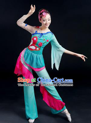 Traditional Chinese Yangge Fan Dancing Costume, Folk Dance Yangko Costume Drum Lotus Dance Blue Clothing for Women