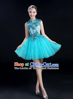 Traditional Chinese Modern Dancing Costume, Women Opening Classic Chorus Singing Group Dance Paillette Costume, Modern Dance Short Blue Bubble Dress for Women