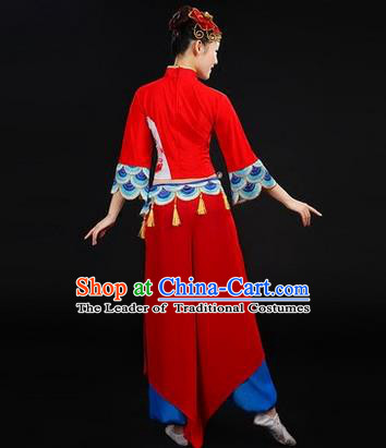 Traditional Chinese Yangge Fan Dancing Costume, Folk Dance Yangko Costume Drum Dance Peony Red Clothing for Women