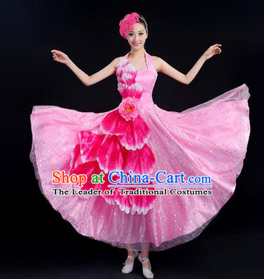 Traditional Chinese Modern Dancing Costume, Women Opening Classic Chorus Singing Group Dance Peony Costume, Folk Dance Costume, Modern Dance Pink Dress for Women