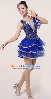 Traditional Chinese Modern Dancing Costume, Women Opening Classic Stage Performance Chorus Singing Group Dance Paillette Costume, Modern Dance Blue Bubble Dress for Women