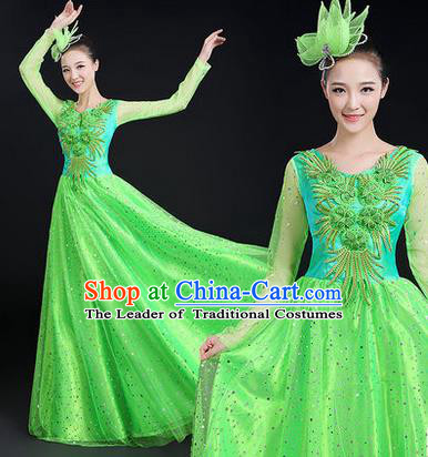 Traditional Chinese Modern Dancing Costume, Women Opening Classic Stage Performance Chorus Singing Group Dance Paillette Costume, Modern Dance Long Green Dress for Women