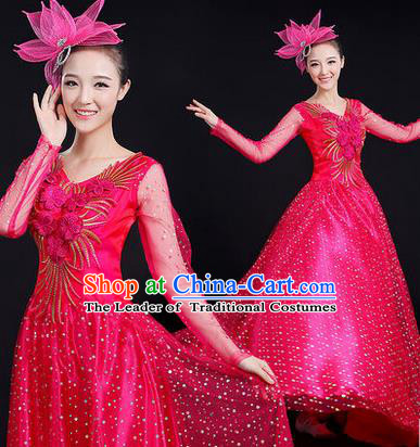 Traditional Chinese Modern Dancing Costume, Women Opening Classic Stage Performance Chorus Singing Group Dance Paillette Costume, Modern Dance Long Rose Dress for Women