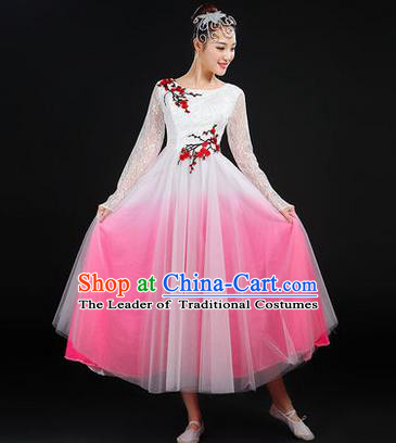 Traditional Chinese Modern Dancing Costume, Women Opening Classic Chorus Singing Group Dance Costume, Modern Dance Embroider Plum Blossom Bubble Dress for Women