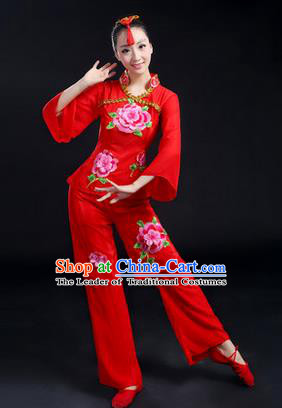 Traditional Chinese Yangge Fan Dancing Costume, Folk Dance Yangko Costume Drum Dance Red Peony Clothing for Women