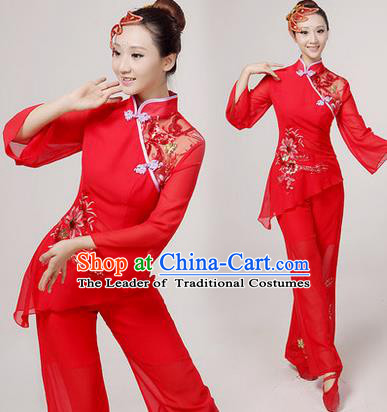 Traditional Chinese Yangge Fan Dancing Costume, Folk Dance Yangko Costume Drum Dance Red Embroider Clothing for Women