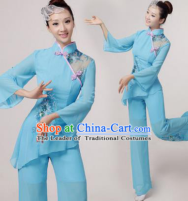 Traditional Chinese Yangge Fan Dancing Costume, Folk Dance Yangko Costume Drum Dance Blue Embroider Clothing for Women