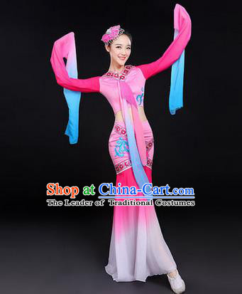 Traditional Chinese Yangge Fan Dancing Costume, Folk Dance Yangko Water-Sleeve Costume Drum Dance Pink Fairy Hanfu Clothing for Women