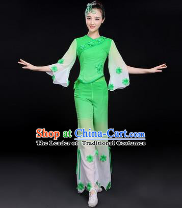Traditional Chinese Yangge Fan Dancing Costume, Folk Dance Yangko Costume Drum Dance Classic Dance Jasmine Flower Blue Clothing for Women