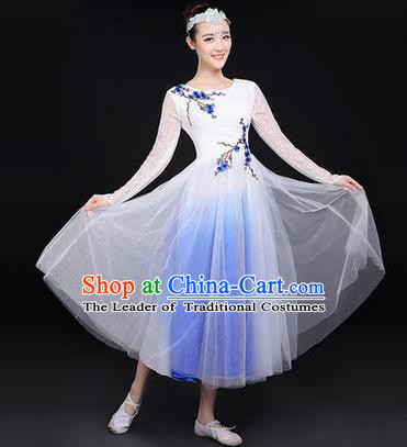 Traditional Chinese Modern Dancing Costume, Women Opening Classic Chorus Singing Group Dance Paillette Costume, Classic Dance Plum Blossom Costume, Modern Dance Long White Dress for Women